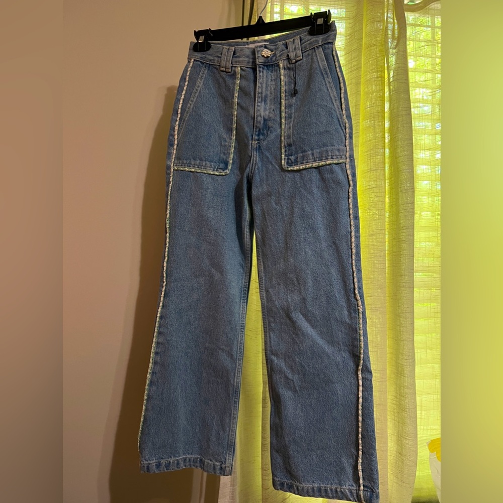 Zara High Rise Tweed Flower Button Jeans